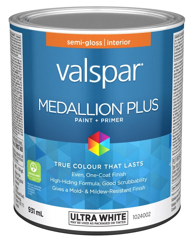Medallion Plus 029.1024002.005 Interior Paint and Primer, Acrylic, Semi-Gloss, Ultra White, 1 qt, 37 sq-m Coverage Area