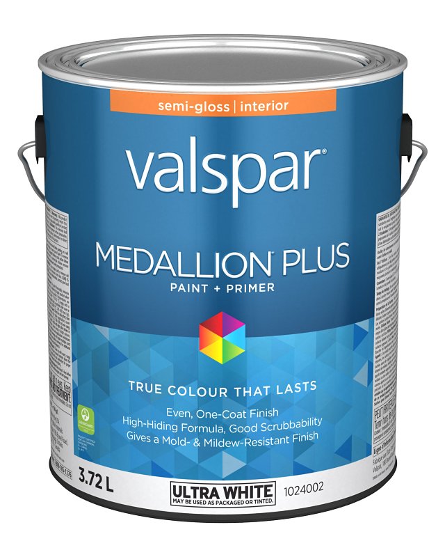 Medallion Plus 029.1024002.007 Interior Paint and Primer, Acrylic, Semi-Gloss, Ultra White, 1 gal, 37 sq-m Coverage Area
