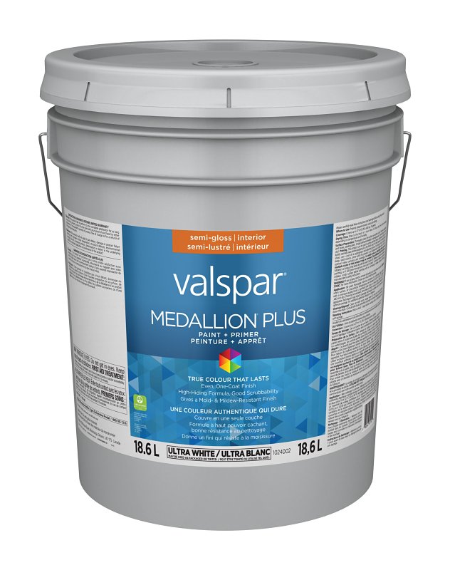 Medallion Plus 029.1024002.008 Interior Paint and Primer, Acrylic, Semi-Gloss, Ultra White, 5 gal, 37 sq-m Coverage Area