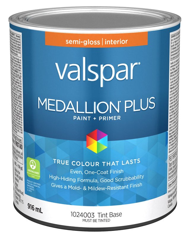 Medallion Plus 029.1024003.005 Interior Paint and Primer, Acrylic, Semi-Gloss, Tint Base, 1 qt, 37 sq-m Coverage Area