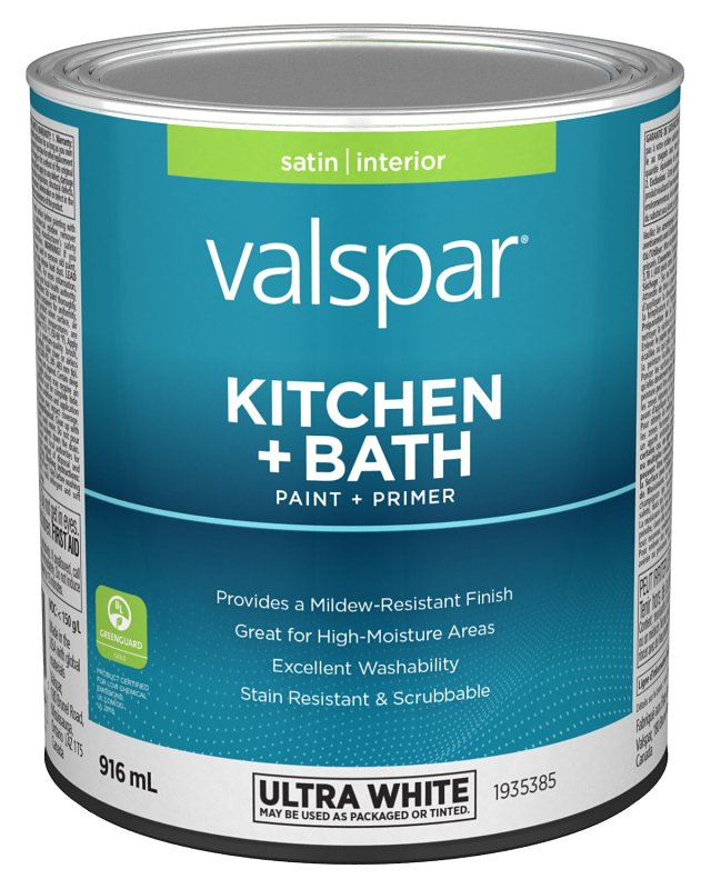 Valspar 029.1935385.005 Kitchen and Bath Interior Paint and Primer, Satin, Ultra White, 1 qt