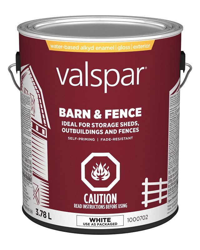 Valspar 029.1000702.007 Barn and Fence Exterior Self-Priming Paint, Water, Gloss, White, 1 gal