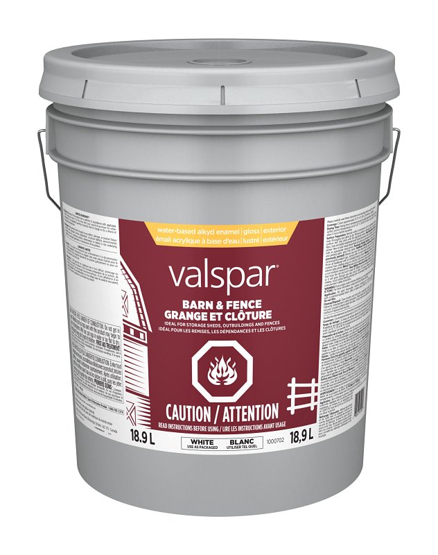 Valspar 029.1000702.008 Barn and Fence Exterior Self-Priming Paint, Water, Gloss, White, 5 gal