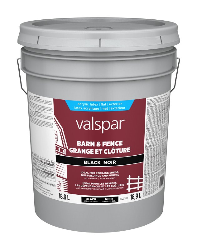 Valspar 029.1000703.008 Barn and Fence Exterior Self-Priming Paint, Water, Gloss, Black, 5 gal
