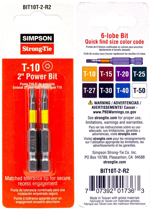 Simpson Strong-Tie BIT10T-2-R2 Driver Bit, T10 6-Lobe Drive, 2 in L