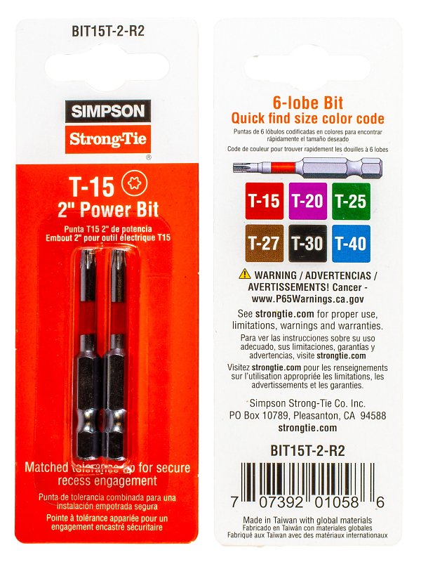 Simpson Strong-Tie BIT15T-2-R2 Driver Bit, T15 Drive, 6-Lobe Drive, 2 in L, Steel