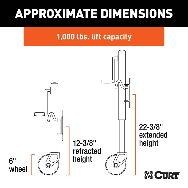 Curt 25003 Marine Jack with 6 in Wheel, 1000 lb Lifting, 23-1/4 in Max Lift H