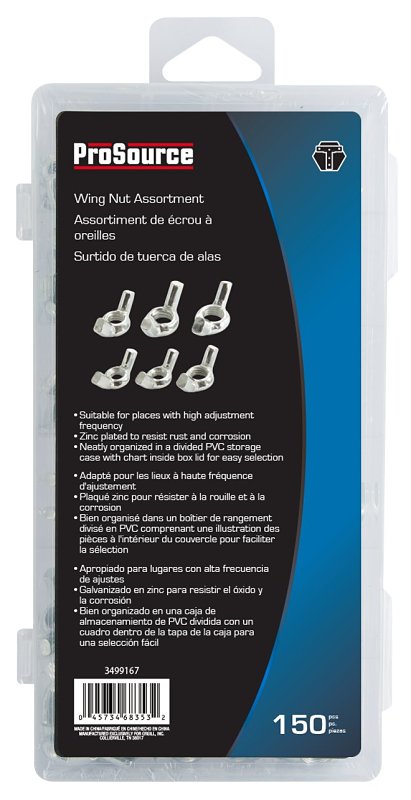 ProSource 91129 Wing Nut Assortment, Steel, Zinc Plated, 150-Piece