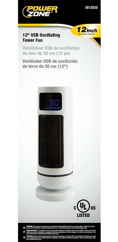 PowerZone TF-180R-R USB Oscillating Tower Fan, 5 V, 3-Speed, 60 deg Rotating, White