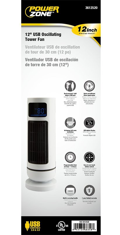 PowerZone TF-180R-R USB Oscillating Tower Fan, 5 V, 3-Speed, 60 deg Rotating, White