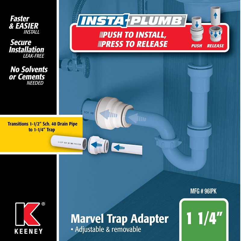 Insta-Plumb 96IPK Pipe Trap Adapter, 1-1/4 in, Push-to-Connect, Plastic, White