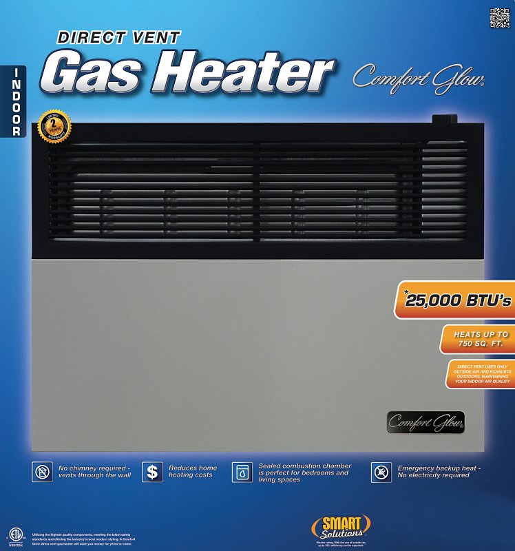 Comfort Glow DVP25 Direct Vent Wall Heater, LPG, 25,000 Btu/h BTU, 825 sq-ft Heating Area, 70 % Efficiency, Black/Gray