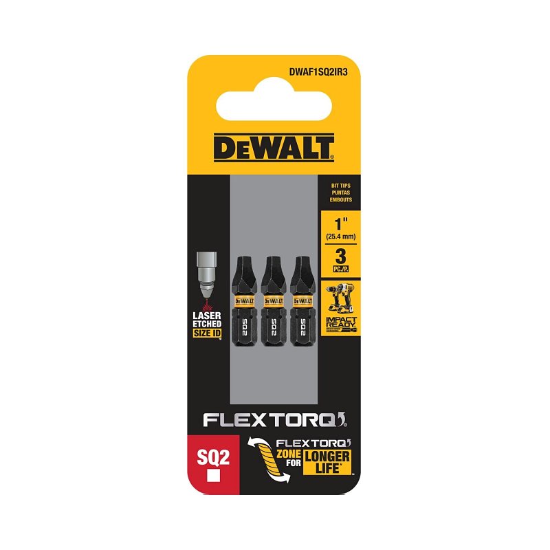 DEWALT FlexTorq DWAF1SQ2IR3 Impact Screwdriver Bit, #2 Drive, Square Drive, 1/4 in Shank, Hex Shank, 1 in L, Steel