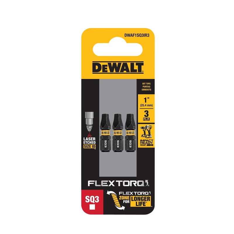 DEWALT FLEXTORQ DWAF1SQ3IR3 Impact Screwdriving Bit, #3 Drive, Square Drive, 1/4 in Shank, Hex Shank, 1 in L