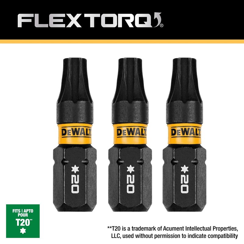 DEWALT FlexTorq DWAF1TX20IR3 Screwdriver Bit, T20 Drive, Torx Drive, 1/4 in Shank, Hex Shank, 1 in L, Steel