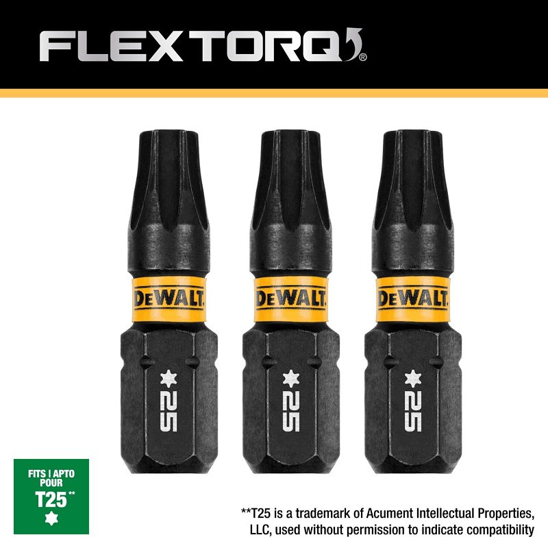 DEWALT FlexTorq DWAF1TX25IR3 Screwdriver Bit, T25 Drive, Torx Drive, 1/4 in Shank, Hex Shank, 1 in L, Steel
