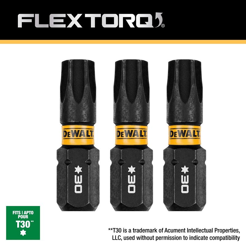DEWALT FlexTorq DWAF1TX30IR3 Screwdriver Bit, T30 Drive, Torx Drive, 1/4 in Shank, Hex Shank, 1 in L, Steel