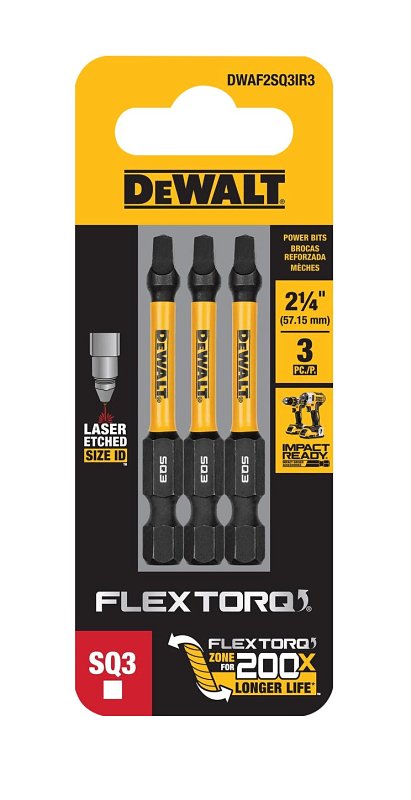 DEWALT FLEXTORQ DWAF2SQ3IR3 Impact Screwdriving Bit, #3 Drive, Square Drive, 1/4 in Shank, Hex Shank, 2-1/4 in L