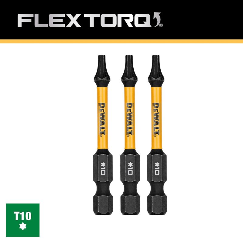 DEWALT FlexTorq DWAF2TX10IR3 Impact Screwdriver Bit, T10 Drive, Torx Drive, 1/4 in Shank, Hex Shank, 2-1/4 in L, Steel