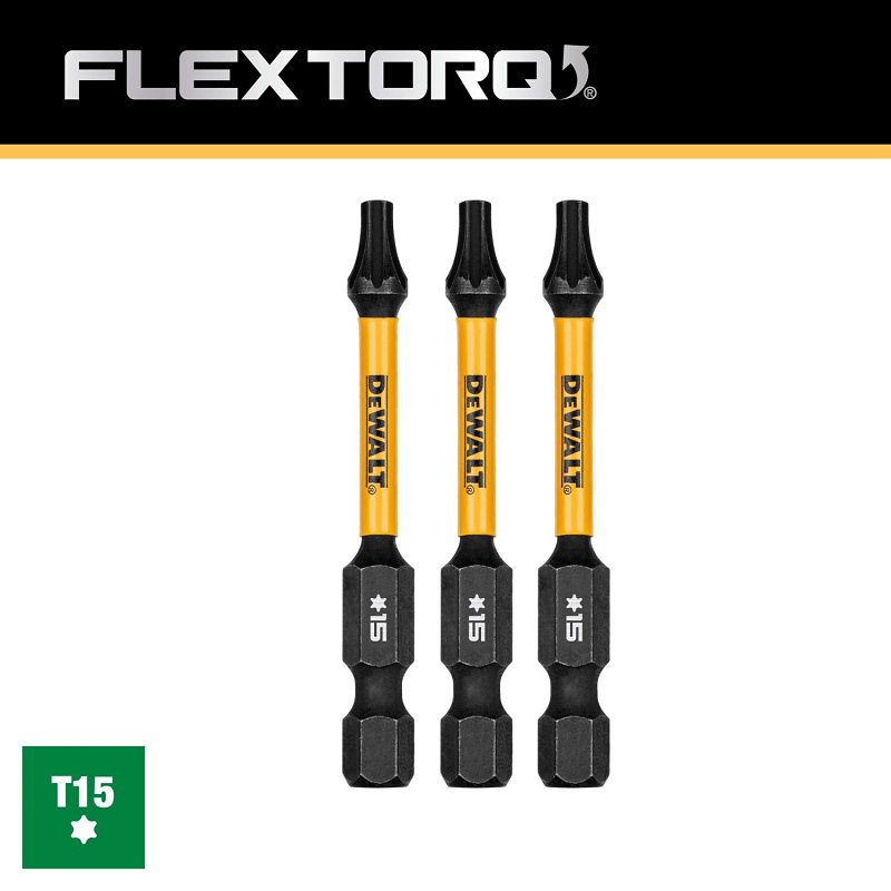 DEWALT FlexTorq DWAF2TX15IR3 Impact Screwdriver Bit, T15 Drive, Torx Drive, 1/4 in Shank, Hex Shank, 2-1/4 in L, Steel