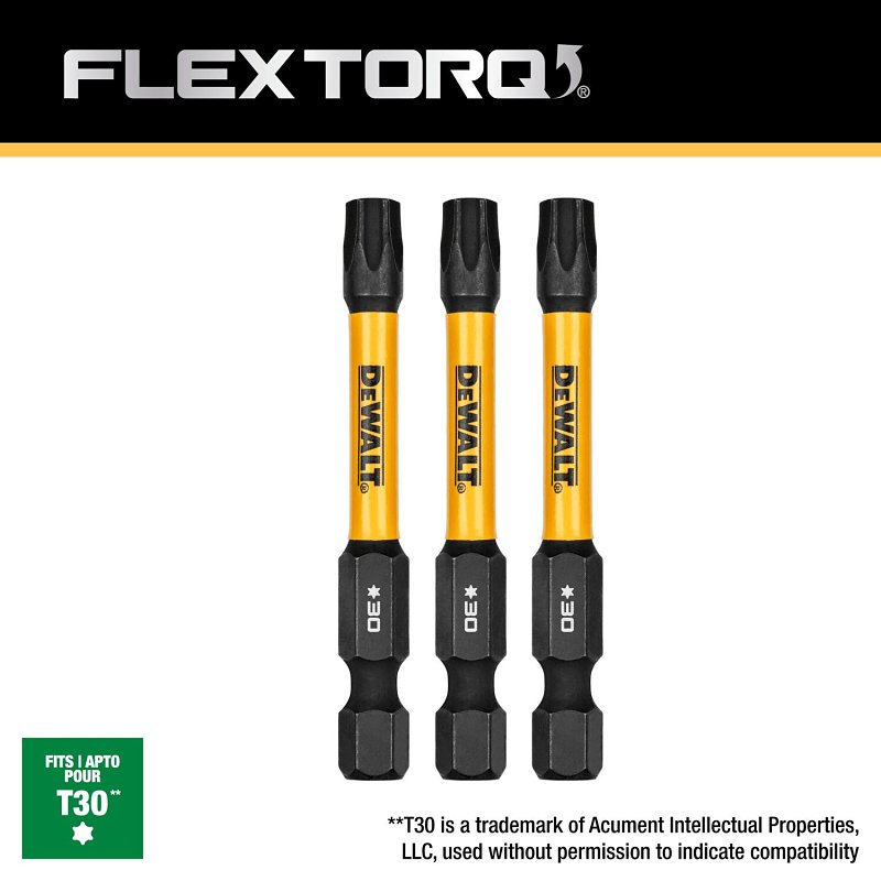 DEWALT FlexTorq DWAF2TX30IR3 Impact Screwdriver Bit, T30 Drive, Torx Drive, 1/4 in Shank, Hex Shank, 2-1/4 in L, Steel