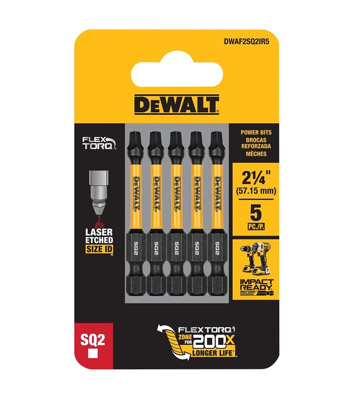 DEWALT FlexTorq, IMPACT READY Series DWA2SQ2IR5 Screwdriver Bit, #2 Drive, Square Drive, 1/4 in Shank, 2-1/4 in L, HSS