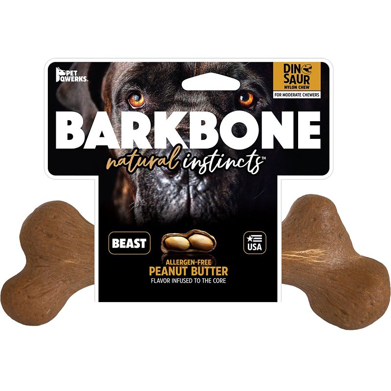 Petmate BarkBone 36034 Dog Toy, Beast, Peanut Butter, Chew Toy, Natural Instincts Infused Wood Dinosaur, Nylon