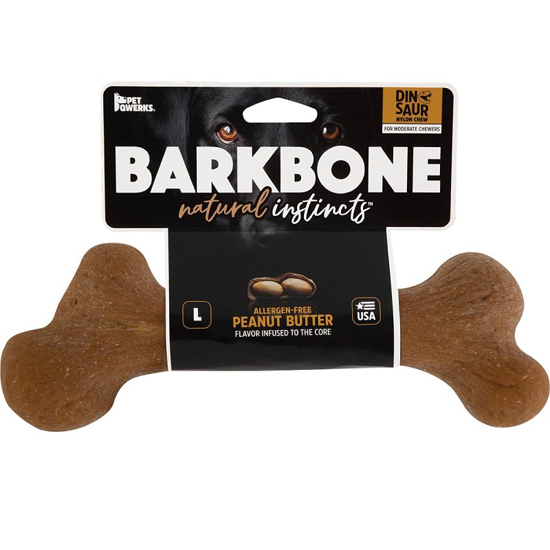 Petmate BarkBone 36035 Dog Toy, L, Peanut Butter, Chew Toy, Natural Instincts Infused Wood Dinosaur, Nylon