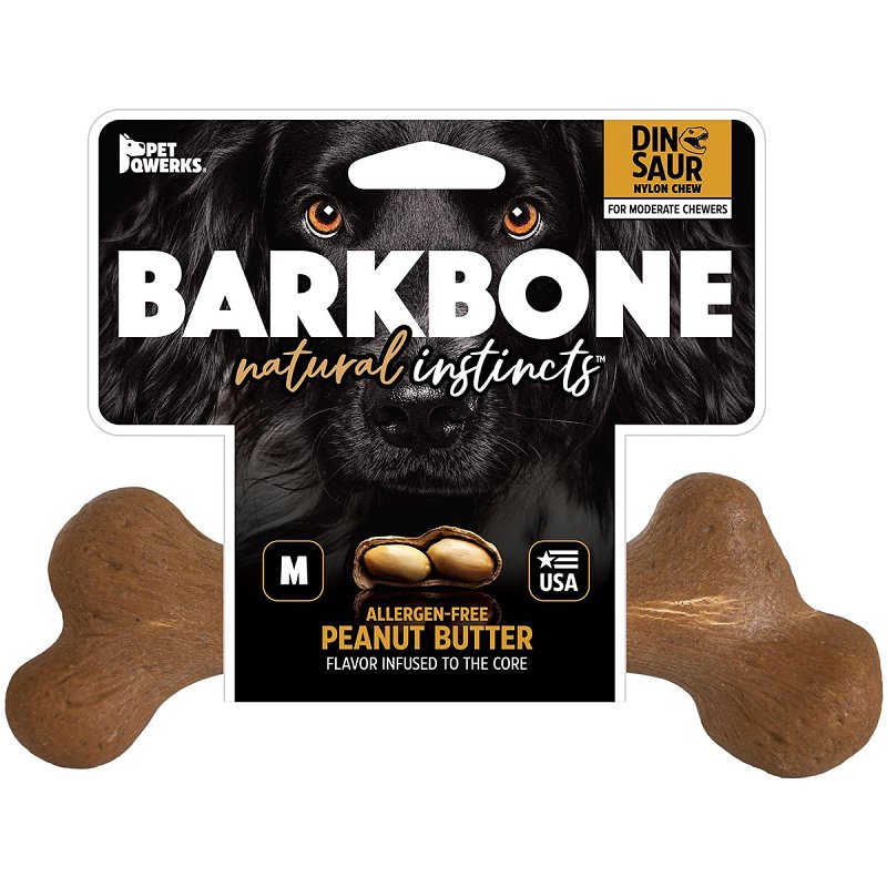 Petmate BarkBone 36036 Dog Toy, M, Peanut Butter, Chew Toy, Natural Instincts Infused Wood Dinosaur, Nylon