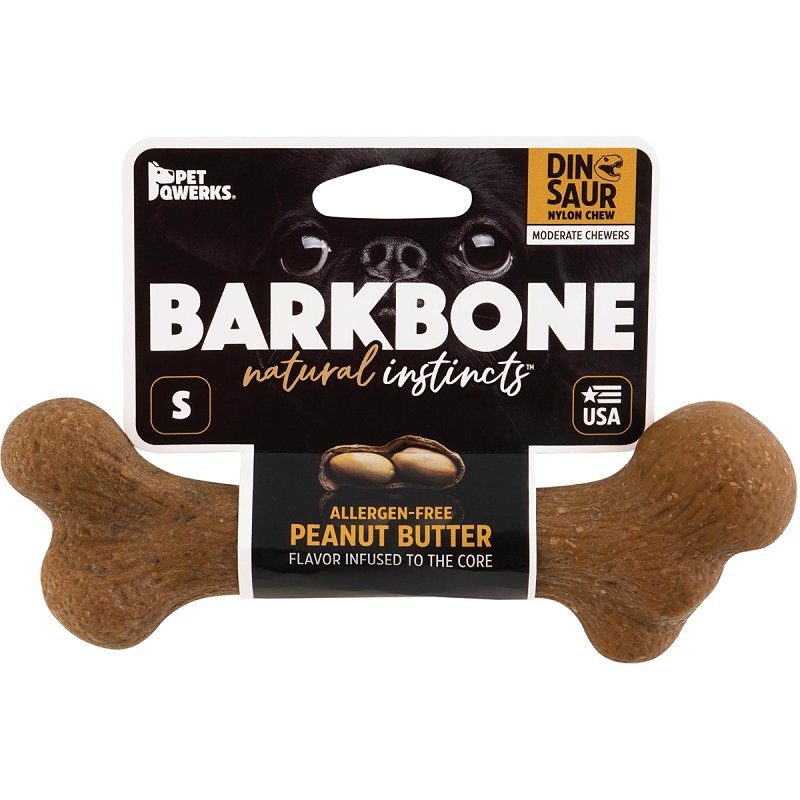 Petmate BarkBone 36037 Dog Toy, S, Peanut Butter, Chew Toy, Natural Instincts Infused Wood Dinosaur, Nylon