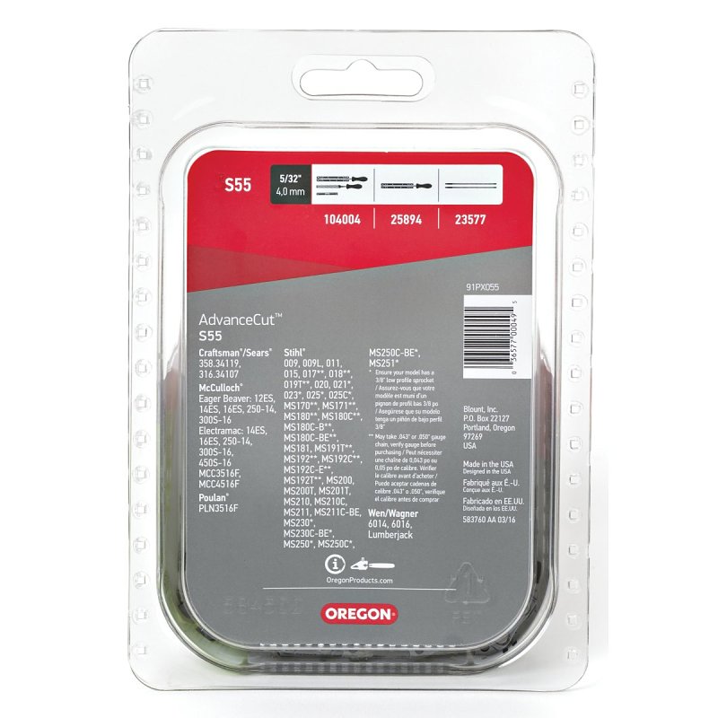 Oregon S55 Chainsaw Chain, 16 in L Bar, 3/8 in TPI/Pitch, 55-Link