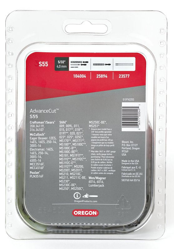 Oregon S55 Chainsaw Chain, 16 in L Bar, 3/8 in TPI/Pitch, 55-Link