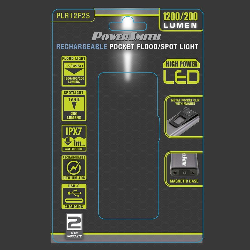 PowerSmith PLR12F2S Pocket Flood/Spot Light, Rechargeable, 2 Ah, Lithium-Ion Battery, LED Lamp, 1200 Lumens