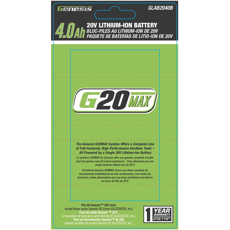 Genesis G20MAX Series GLAB2040B Cordless Lithium-Ion Battery, 20 V Battery, 4 Ah