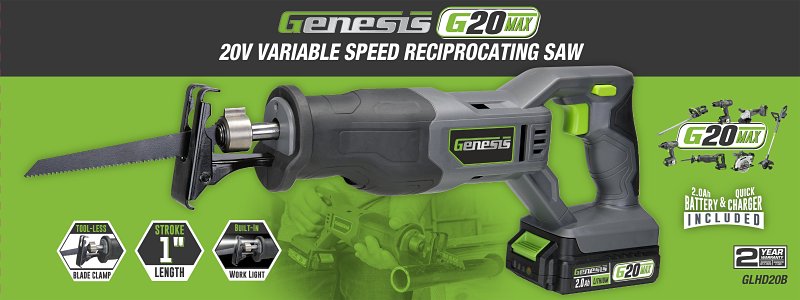 Genesis G20 Max GLRS20B Variable Speed Reciprocating Saw, Battery Included, 20 V, 2 Ah, 1 in L Stroke