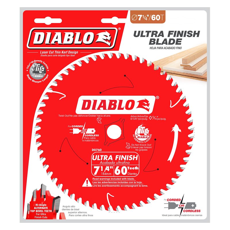 Diablo D0760X Circular Saw Blade, 7-1/4 in Dia, 5/8 in Arbor, 60-Teeth, TiCo Cutting Edge