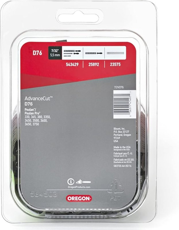 Oregon D76 Chainsaw Chain, 22 in L Bar, 0.05 Gauge, 3/8 in TPI/Pitch, 76-Link