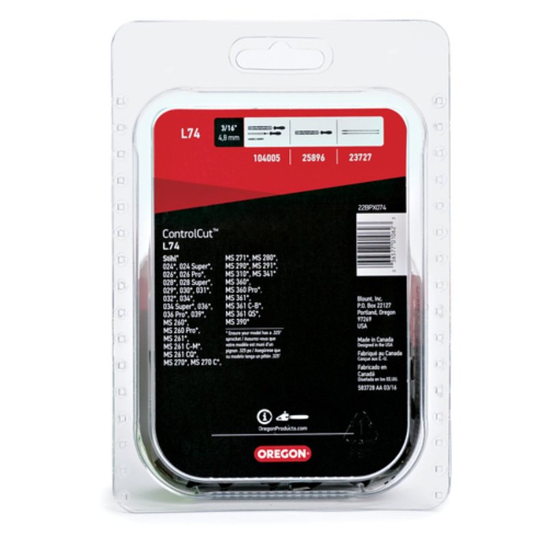 Oregon L74 Chainsaw Chain, 18 in L Bar, 0.63 Gauge, 0.325 in TPI/Pitch, 74-Link