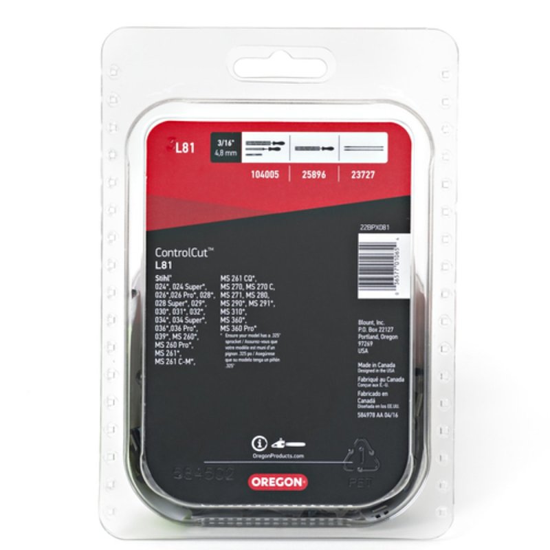 Oregon L81 Chainsaw Chain, 20 in L Bar, 0.63 Gauge, 0.325 in TPI/Pitch, 81-Link