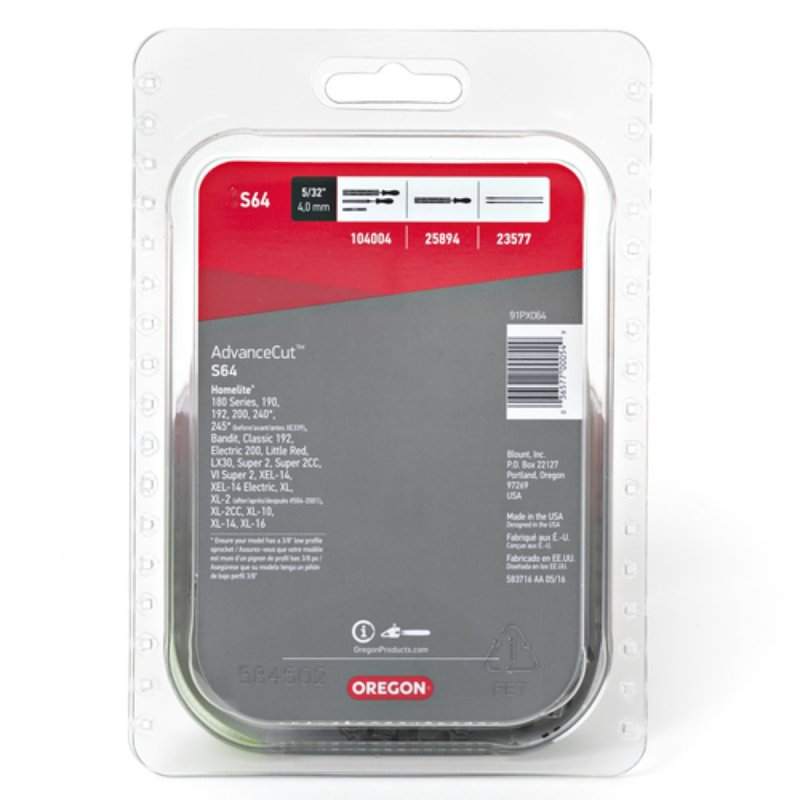 Oregon S64 Chainsaw Chain, 18 in L Bar, 0.05 Gauge, 3/8 in TPI/Pitch, 64-Link