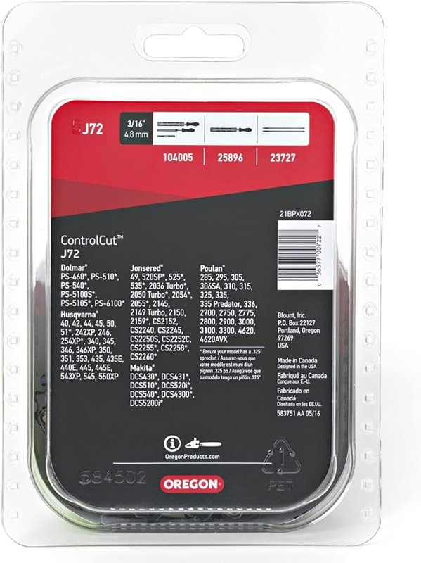 Oregon J72 Chainsaw Chain, 18 in L Bar, 0.058 Gauge, 0.325 in TPI/Pitch, 72-Link