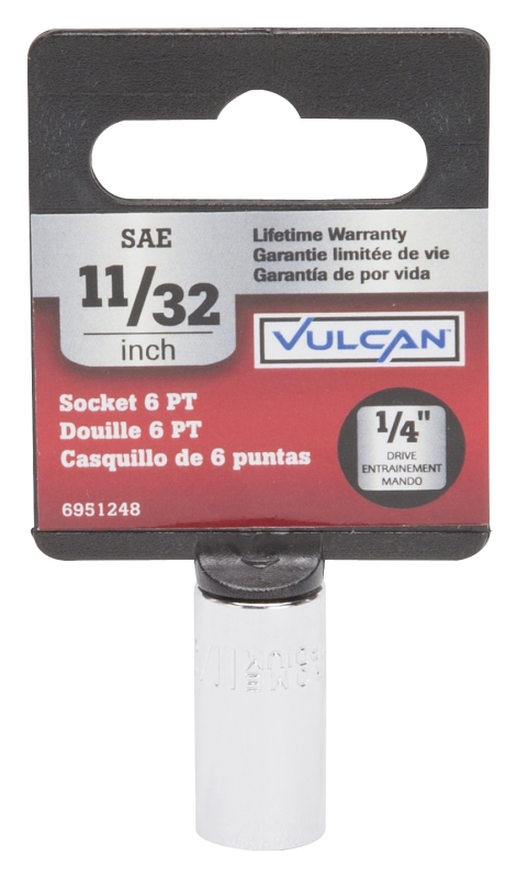 Vulcan MT6484042 Drive Socket, 11/32 in Socket, 1/4 in Drive, 6-Point, Chrome Vanadium Steel, Chrome
