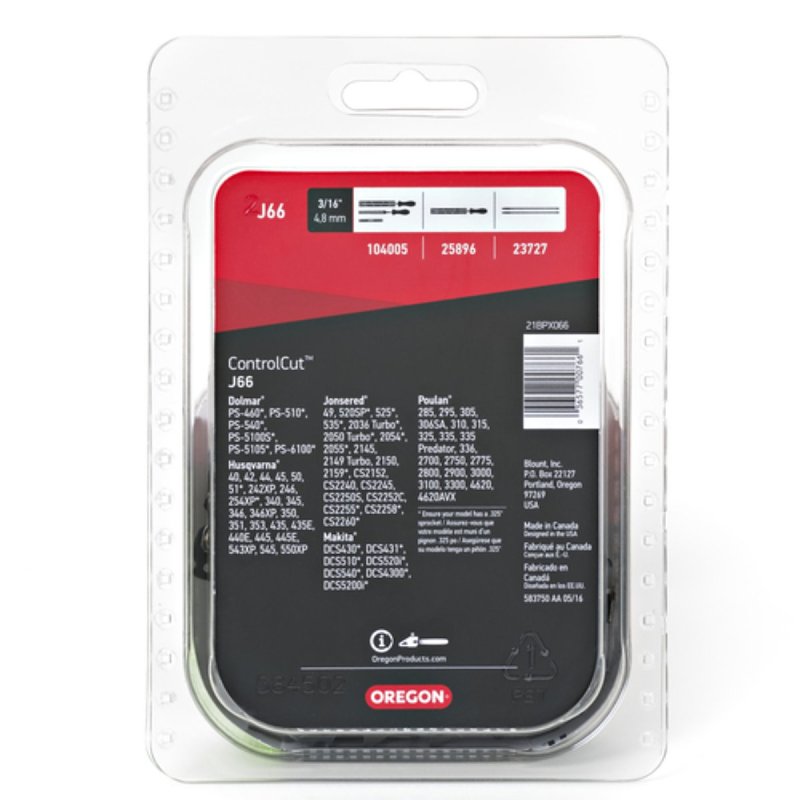Oregon ControlCut J66 Chainsaw Chain, 21BPX Chain, 16 in L Bar, 0.058 in Gauge, 0.325 in TPI/Pitch, 66-Link