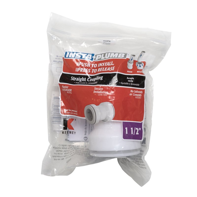 Insta-Plumb 46IPK Pipe Coupling, 1-1/2 in, Push-to-Connect, Plastic, White