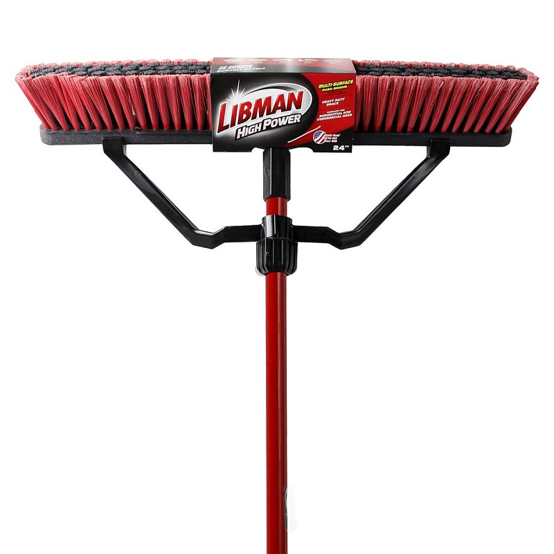 Libman 823 Push Broom, 3 in L Trim, PET Bristle, 62-1/2 in L, Lock Screw, Steel Handle, Black/Red