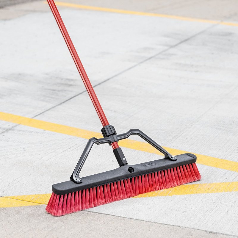 Libman 823 Push Broom, 3 in L Trim, PET Bristle, 62-1/2 in L, Lock Screw, Steel Handle, Black/Red