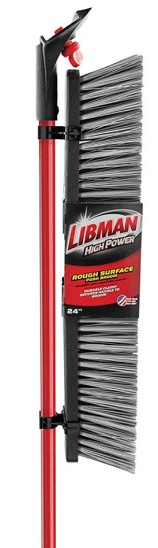 Libman 879 Rough Surface Push Broom, 25-1/2 in Sweep Face, 4 in L Trim, Recycled PET Bristle, 64 in L, Bolt, Gray/Red