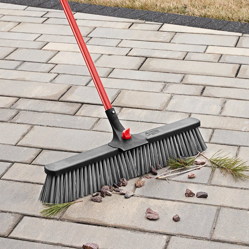 Libman 879 Rough Surface Push Broom, 25-1/2 in Sweep Face, 4 in L Trim, Recycled PET Bristle, 64 in L, Bolt, Gray/Red