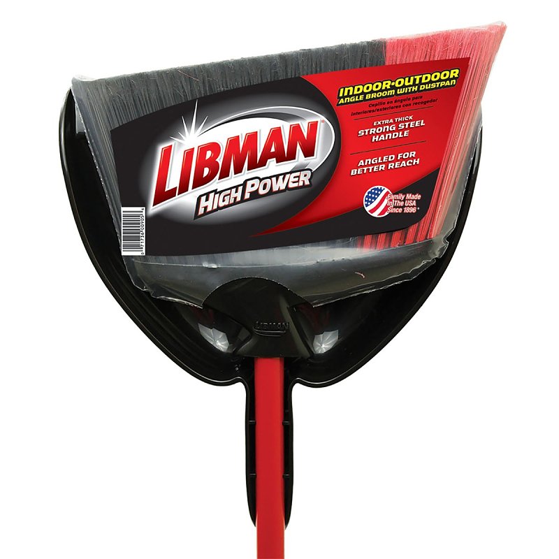 Libman 905 Angle Broom with Dustpan, 5-1/2 in L Trim, Recycled PET Bristle, Black/Red Bristle, Powder-Coated Steel
