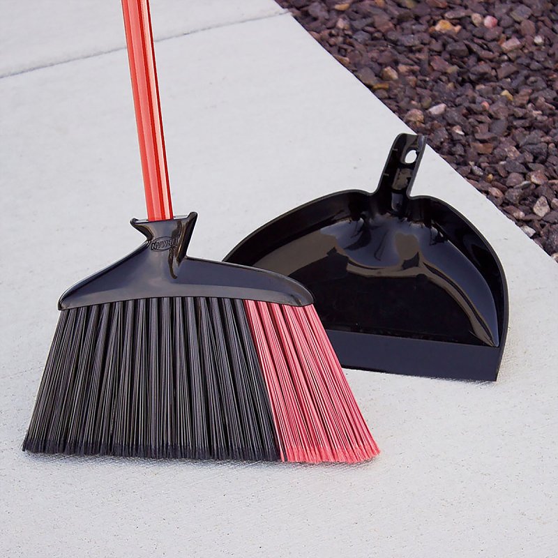 Libman 905 Angle Broom with Dustpan, 5-1/2 in L Trim, Recycled PET Bristle, Black/Red Bristle, Powder-Coated Steel